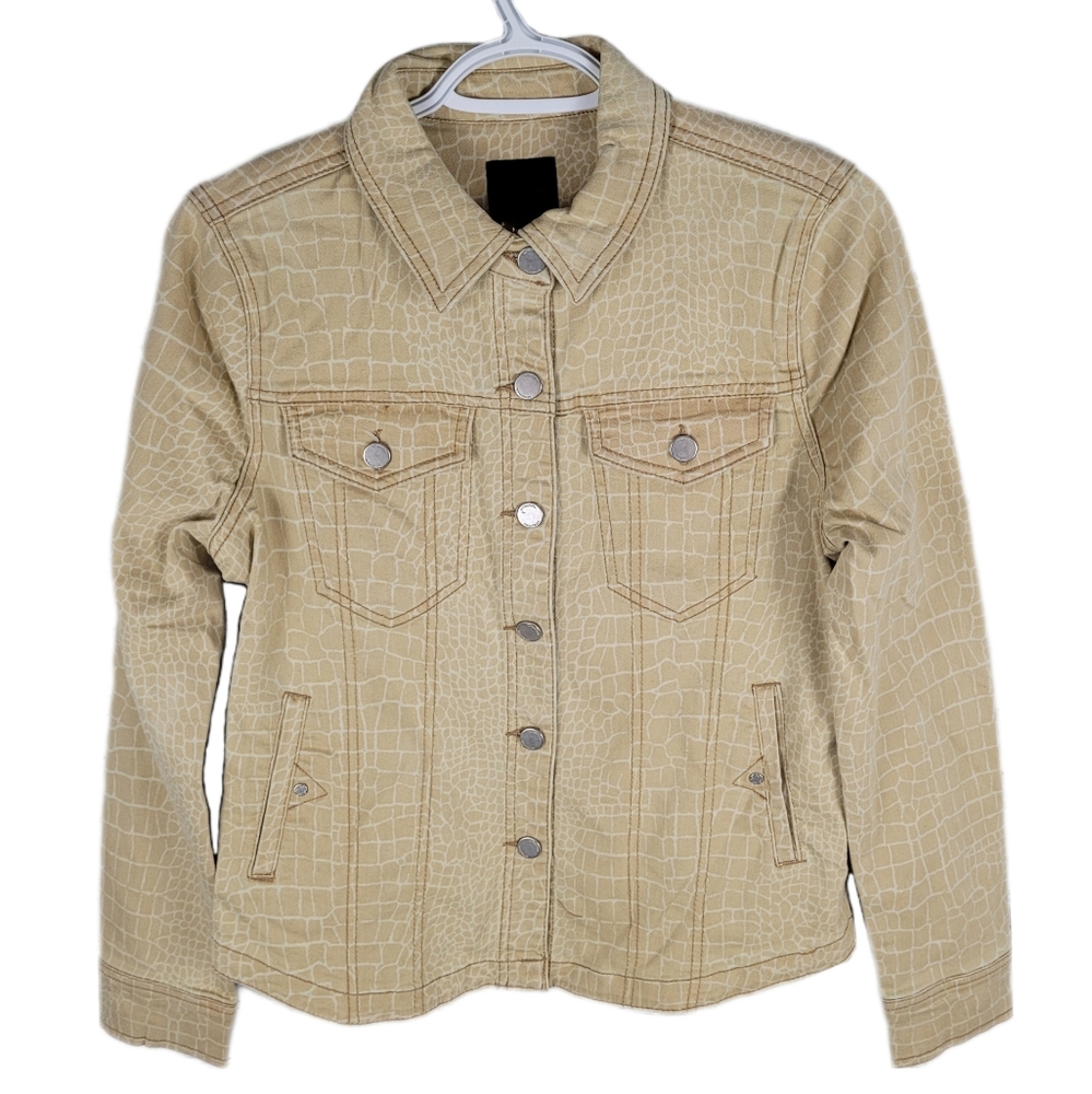 LIVERPOOL | stretch denim animal giraffe print button-up jean jacket